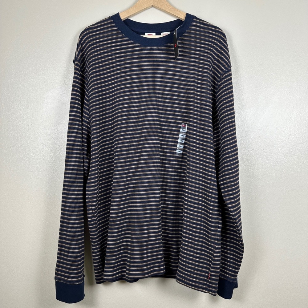 Levi's Men's XXL Thermal Shirt Navy Blue‎ Brown Striped Waffle Knit NEW